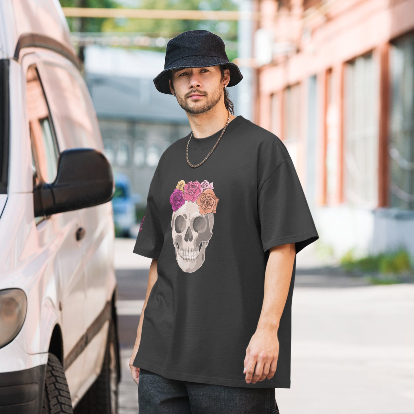 Neutral Skull & Roses Unisex Oversized faded t-shirt