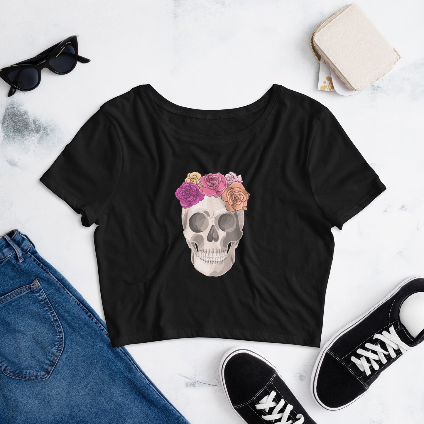 Neutral Skull & Roses Women’s Crop Tee