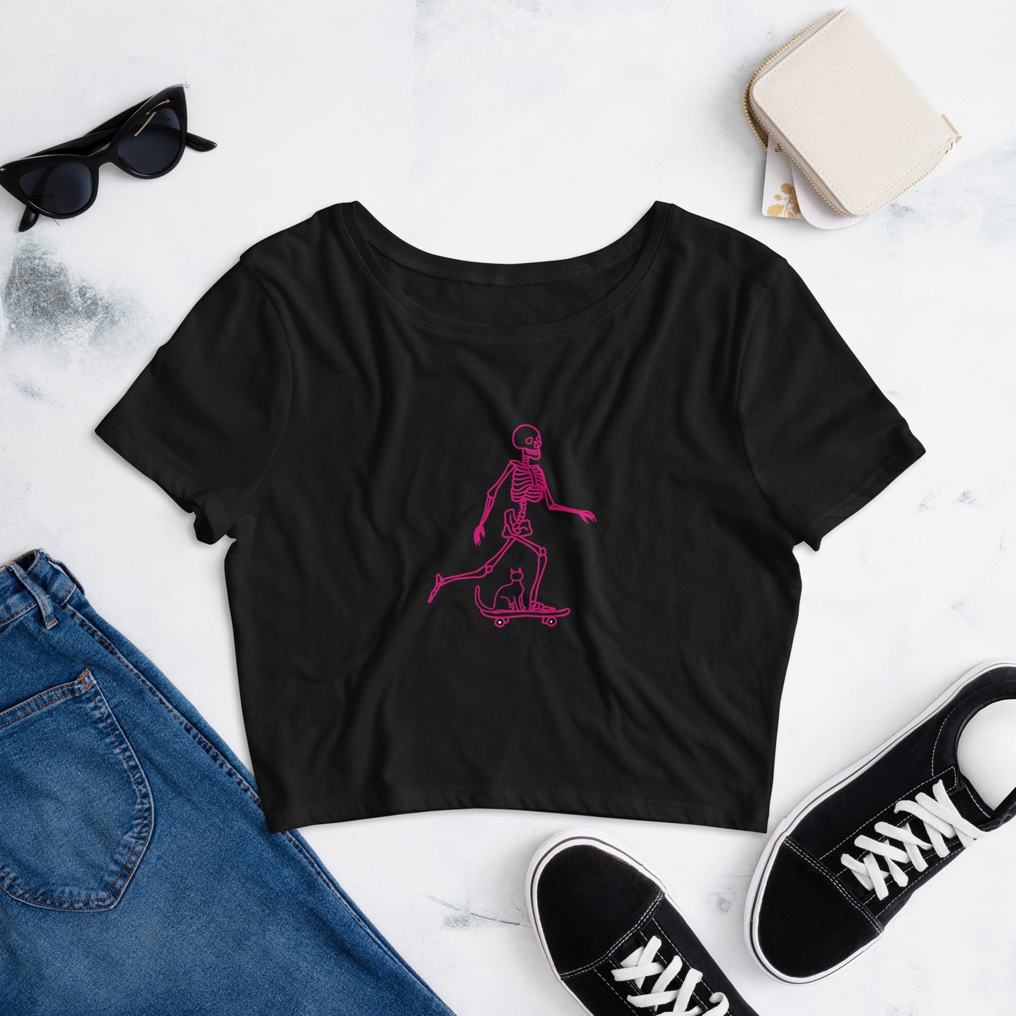 Skeleton Skater & Cat Women’s Crop Tee